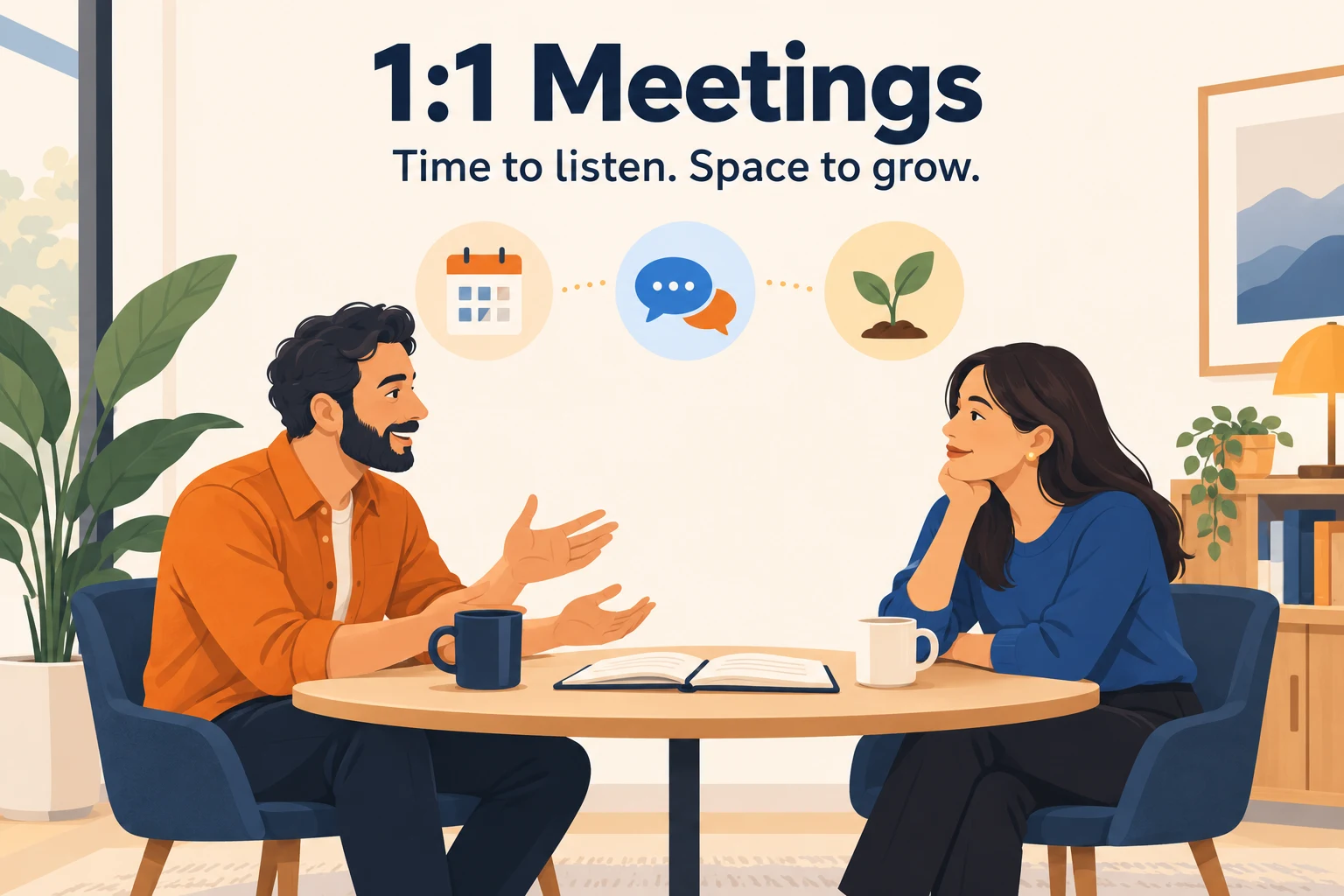 Two colleagues having a focused one-on-one conversation, with symbols for regular meetings, dialogue and growth